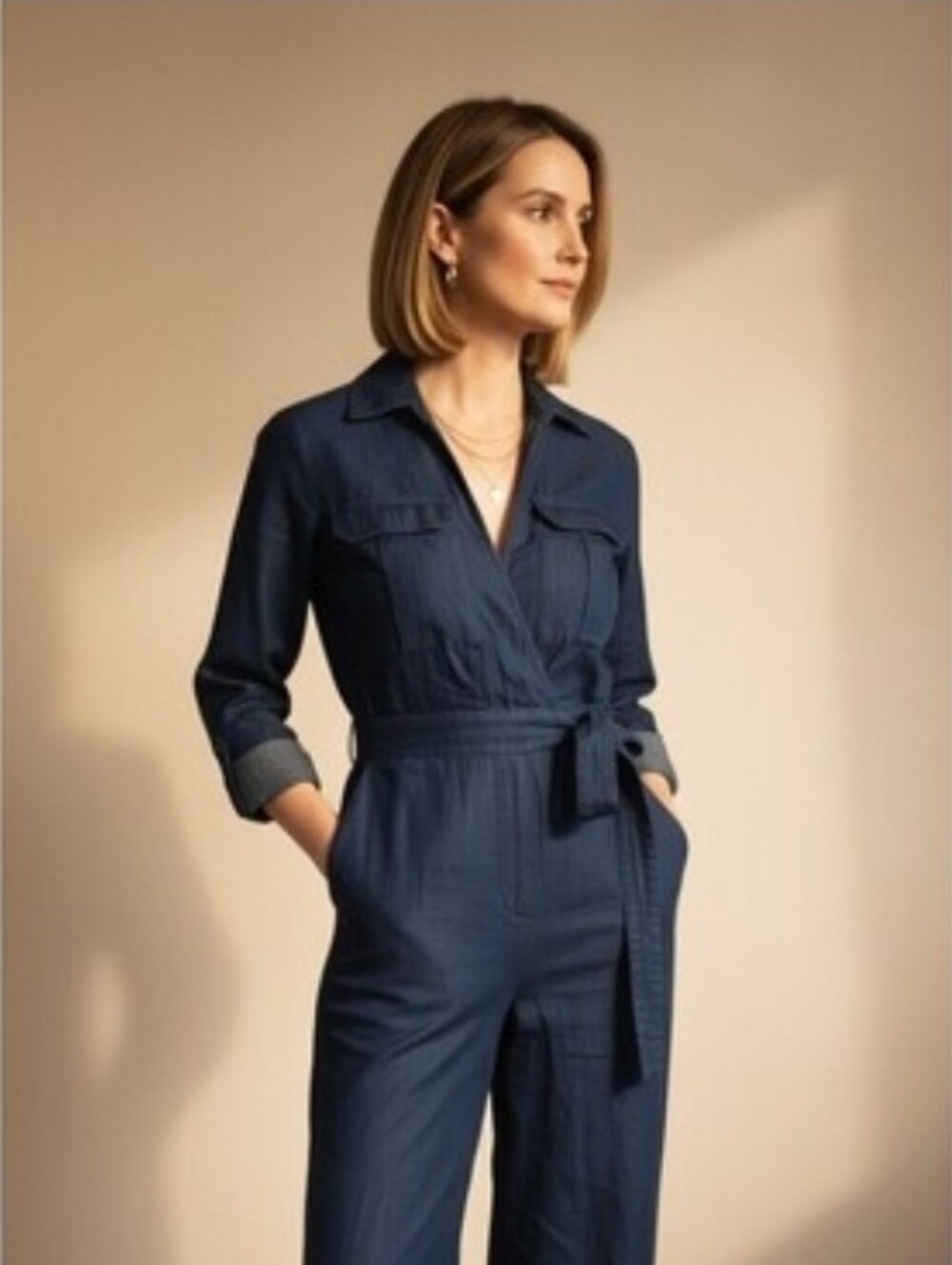 Banana Republic Navy Denim Tie-Waist Jumpsuit